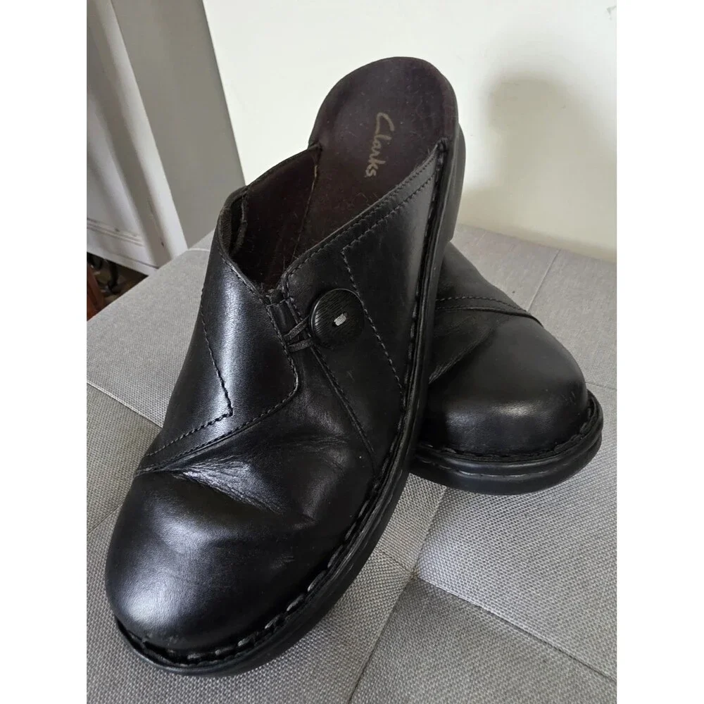 HtF AllYear Clark’s Black Leather Mules Slip On Clogs Wedge Heel Comfort Size 9M